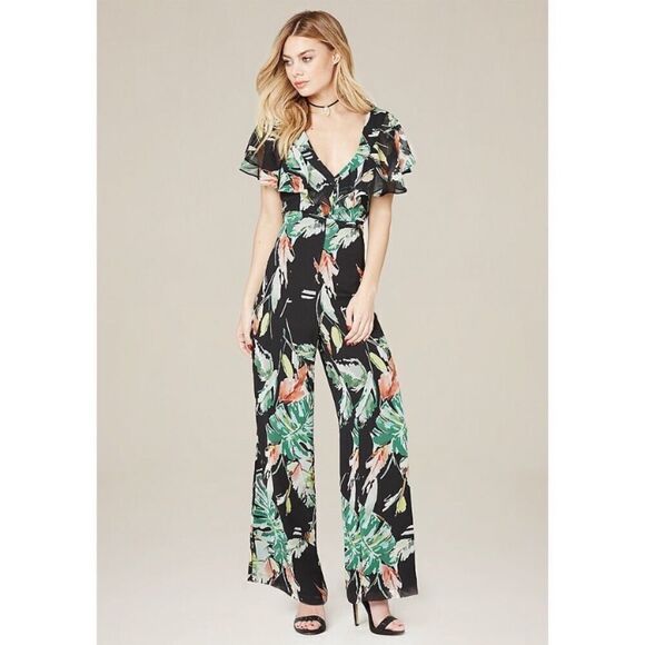 Bebe Adelyn Rae Black Leaf Print Design Flutter Sleeve Jumpsuit Feminine Boho - Picture 1 of 15